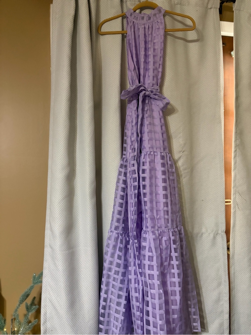 Lavender Check Halter Maxi Dress with Self-Tie Waist